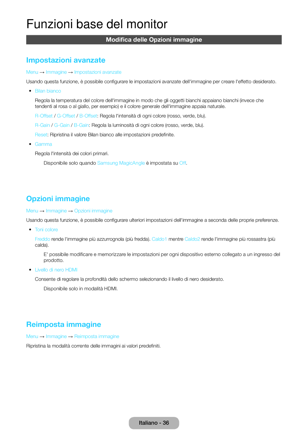 Samsung LT27B550EW/EN, LT23B550EW/EN manual Impostazioni avanzate, Reimposta immagine, Modifica delle Opzioni immagine 