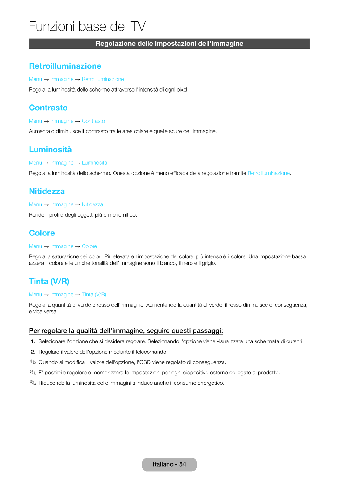 Samsung LT27B550EW/EN, LT23B550EW/EN manual Menu → Immagine → Colore, Menu → Immagine → Tinta V/R 