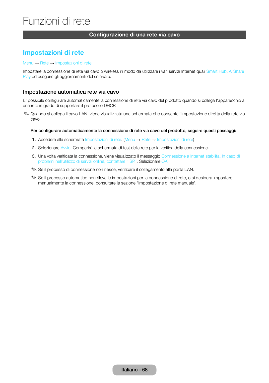 Samsung LT27B550EW/EN Impostazioni di rete, Configurazione di una rete via cavo, Impostazione automatica rete via cavo 