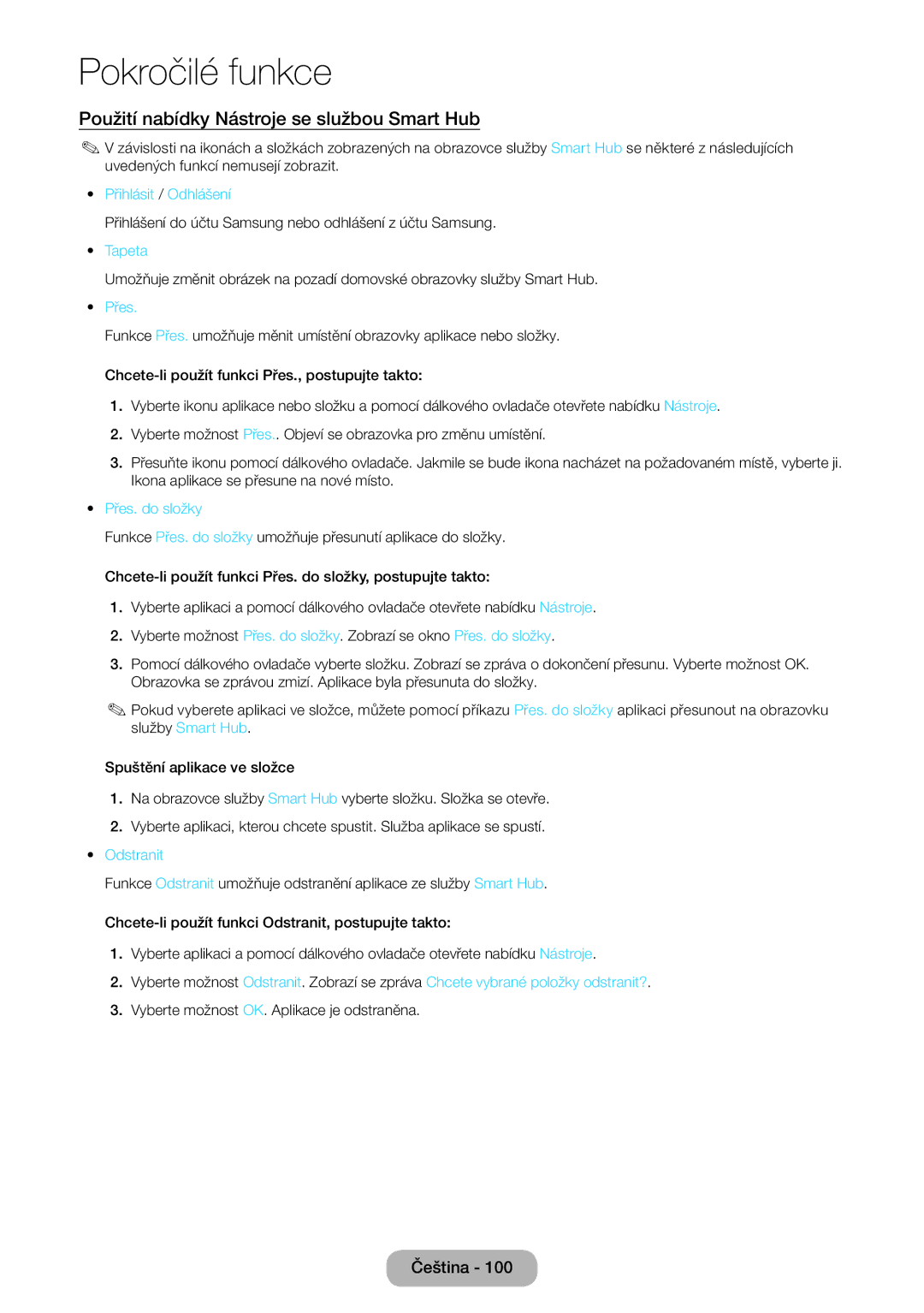 Samsung LT27B550EW/EN manual Použití nabídky Nástroje se službou Smart Hub, Přes. do složky 