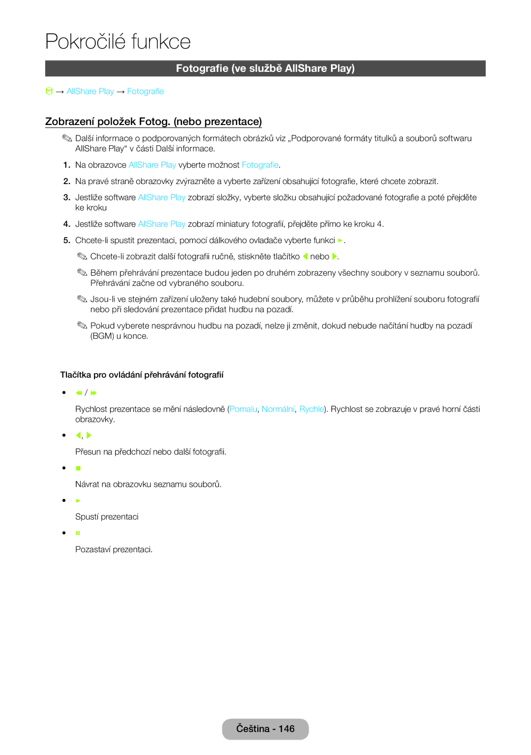 Samsung LT27B550EW/EN manual Fotografie ve službě AllShare Play, Zobrazení položek Fotog. nebo prezentace 