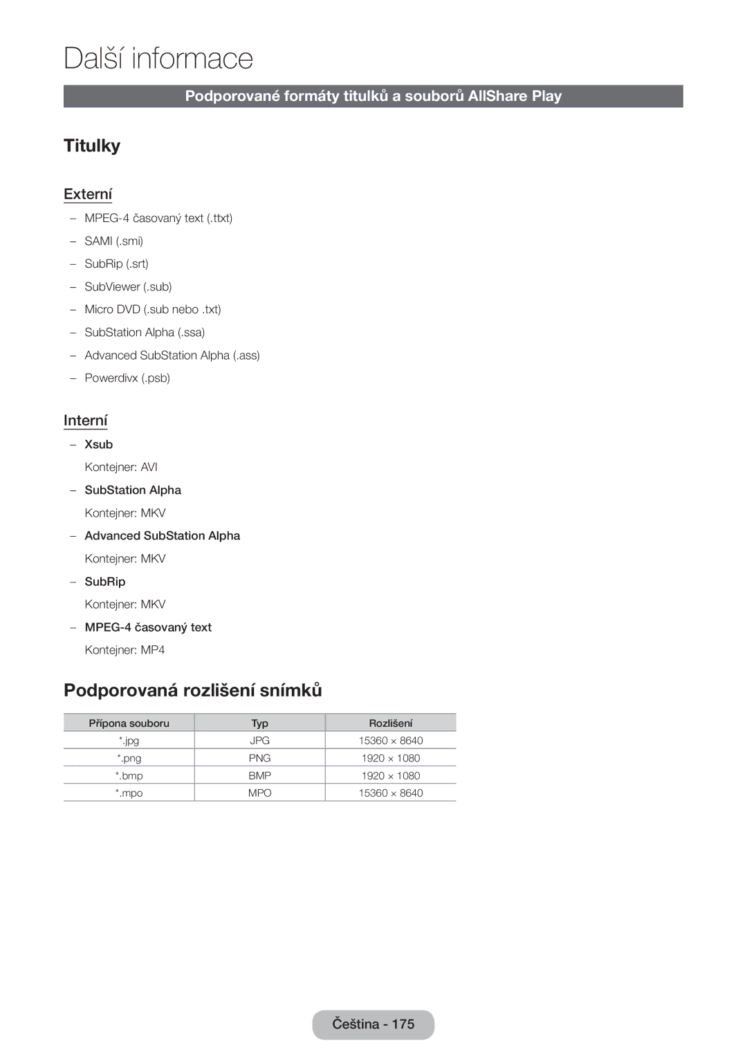 Samsung LT27B550EW/EN manual Podporované formáty titulků a souborů AllShare Play, Externí, Interní 