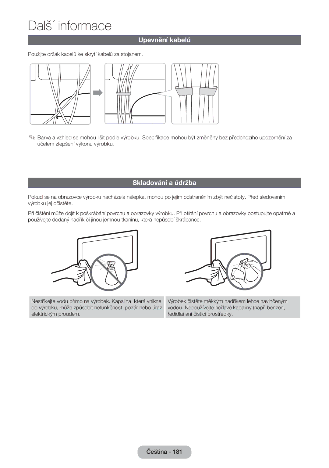 Samsung LT27B550EW/EN manual Upevnění kabelů, Skladování a údržba 