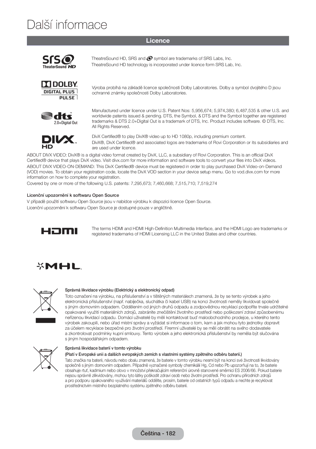 Samsung LT27B550EW/EN manual Licence, Správná likvidace výrobku Elektrický a elektronický odpad 