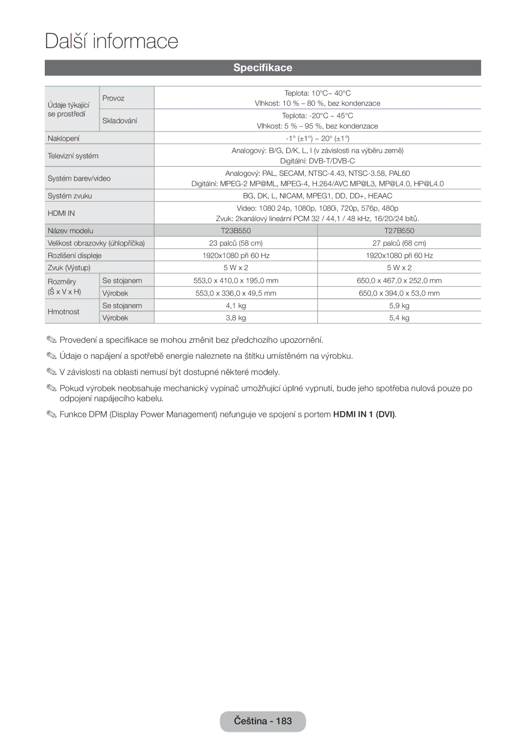 Samsung LT27B550EW/EN manual Specifikace, Naklopení 