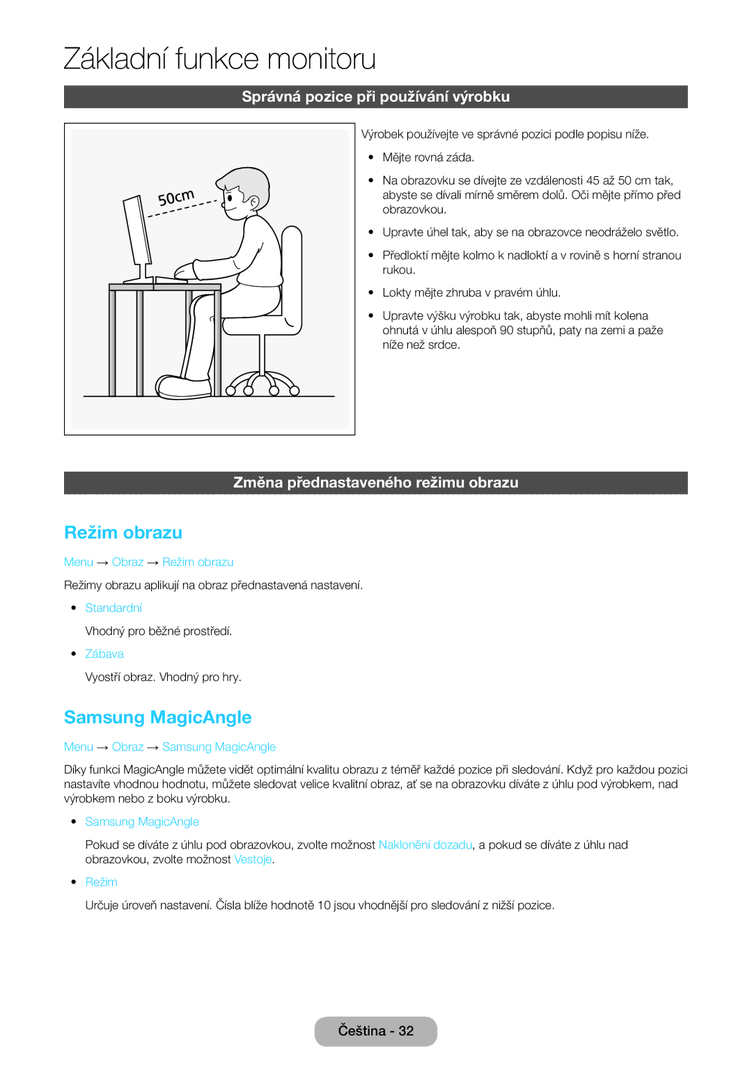 Samsung LT27B550EW/EN manual Režim obrazu, Samsung MagicAngle, Správná pozice při používání výrobku 