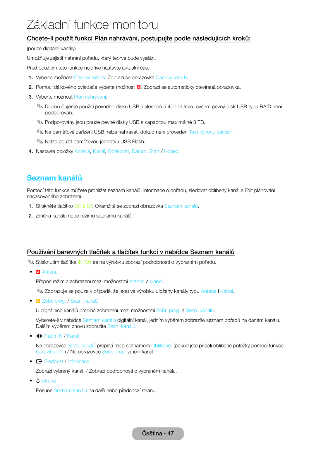 Samsung LT27B550EW/EN manual Seznam kanálů, Anténa, Zobr. prog. / Sezn. kanálů, Lr Režim K / Kanál, Sledovat / Informace 