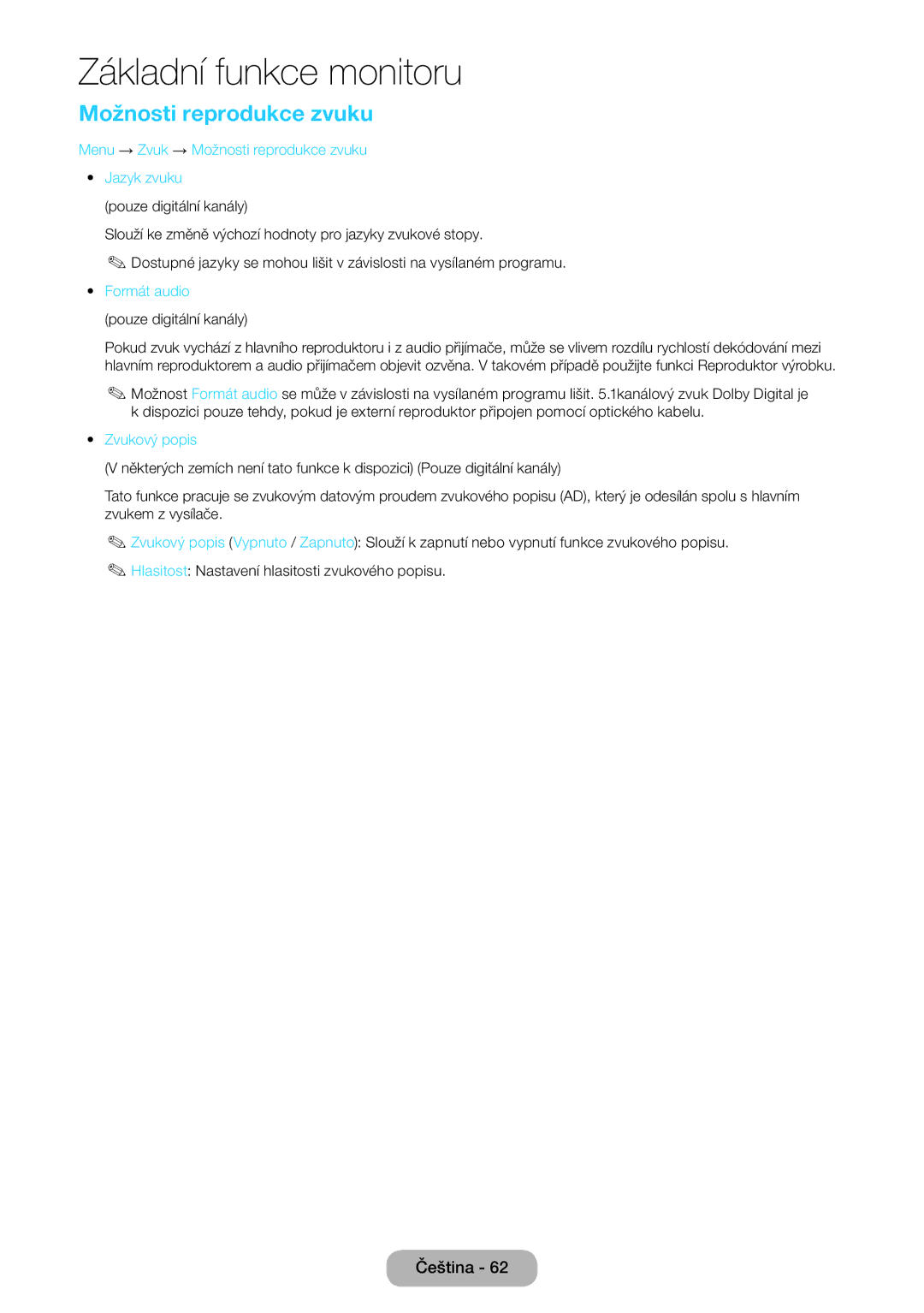 Samsung LT27B550EW/EN manual Menu → Zvuk → Možnosti reprodukce zvuku Jazyk zvuku, Formát audio pouze digitální kanály 