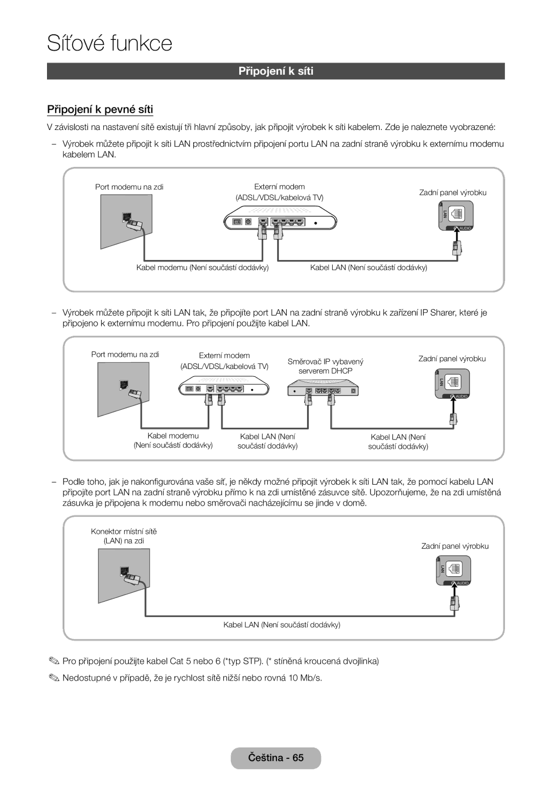 Samsung LT27B550EW/EN manual Připojení k síti, Připojení k pevné síti 