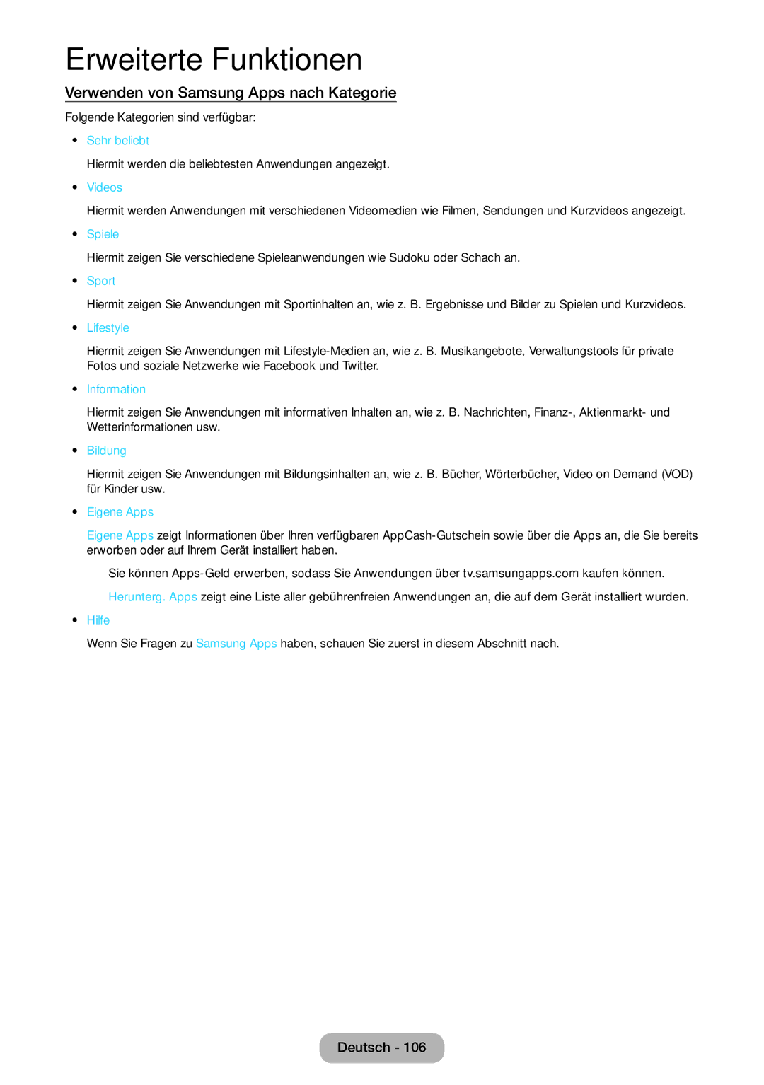 Samsung LT27B550EW/EN, LT27B550EWV/EN, LT27B551EWV/EN, LT23B550EW/EN manual Verwenden von Samsung Apps nach Kategorie 