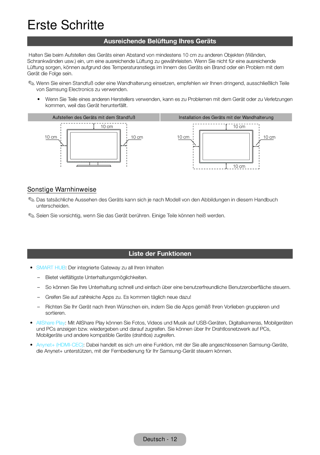 Samsung LT27B550EWV/EN, LT27B551EWV/EN Ausreichende Belüftung Ihres Geräts, Sonstige Warnhinweise, Liste der Funktionen 