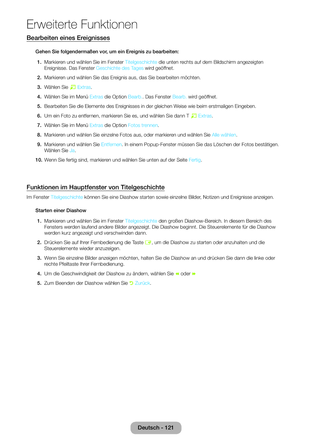 Samsung LT27B551EWV/EN, LT27B550EWV/EN manual Bearbeiten eines Ereignisses, Funktionen im Hauptfenster von Titelgeschichte 