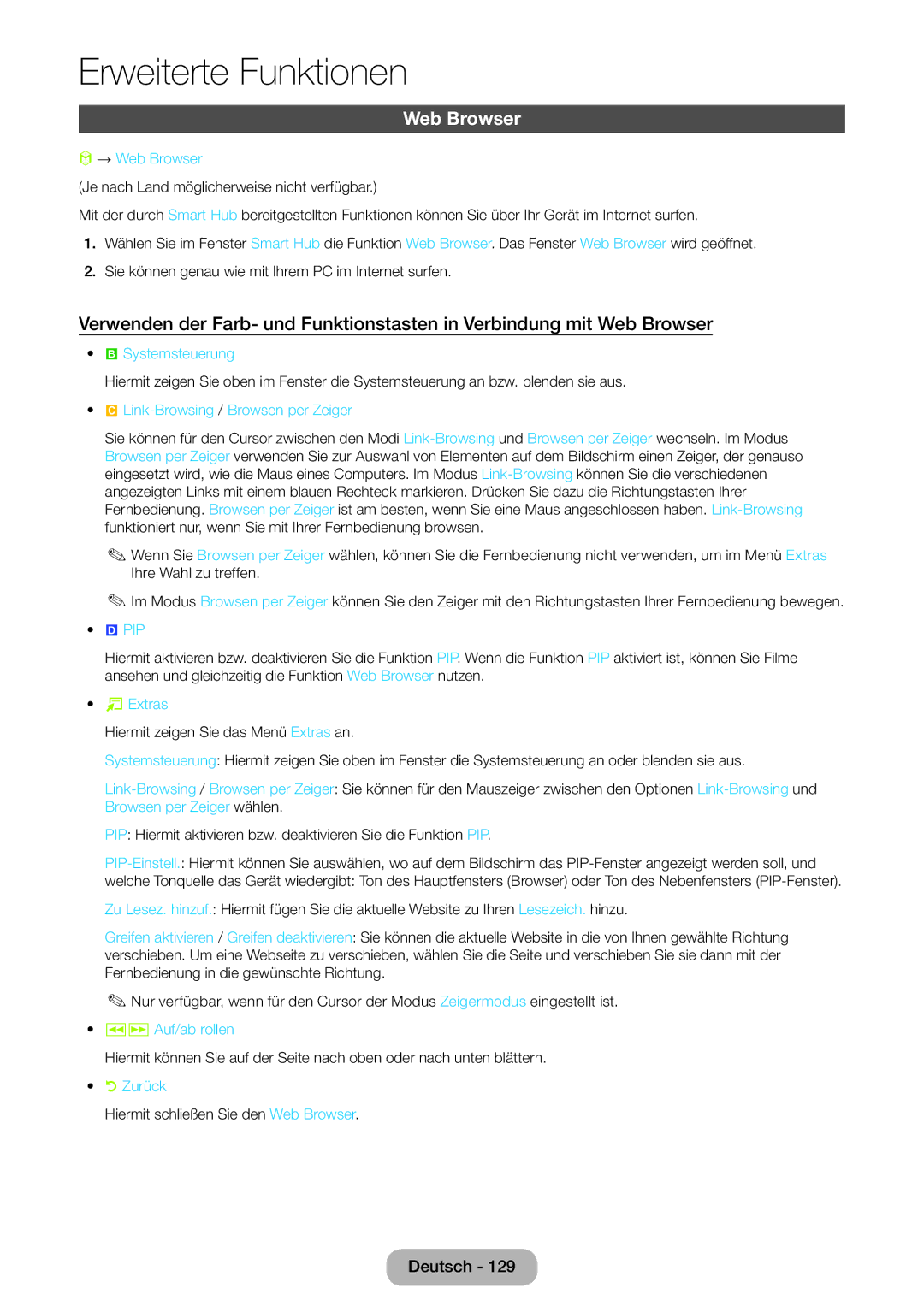 Samsung LT27B551EWV/EN manual → Web Browser, Systemsteuerung, Link-Browsing /Browsen per Zeiger, Πµ Auf/ab rollen 