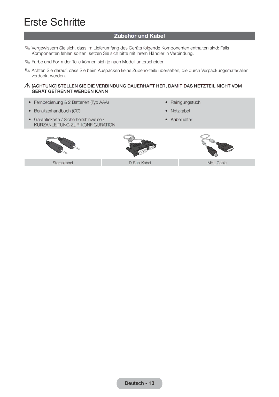 Samsung LT27B551EWV/EN, LT27B550EWV/EN, LT27B550EW/EN, LT23B550EW/EN manual Zubehör und Kabel 