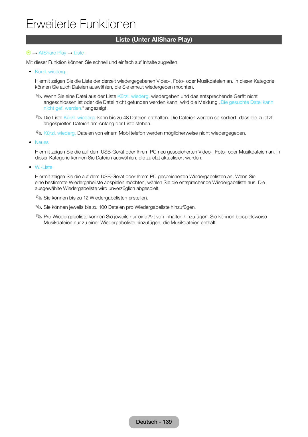 Samsung LT23B550EW/EN, LT27B550EWV/EN manual Liste Unter AllShare Play, → AllShare Play → Liste, Kürzl. wiederg, Neues 