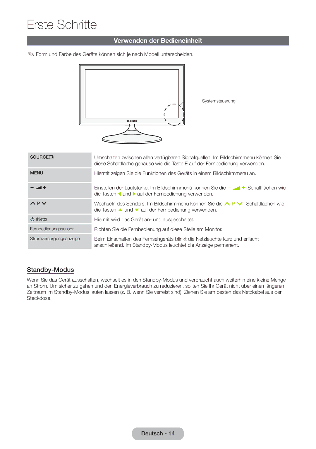 Samsung LT27B550EW/EN, LT27B550EWV/EN, LT27B551EWV/EN, LT23B550EW/EN manual Verwenden der Bedieneinheit, Standby-Modus 