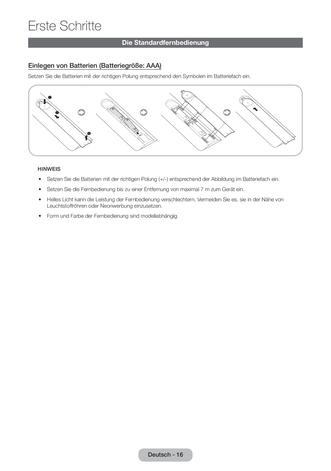 Samsung LT27B550EWV/EN, LT27B551EWV/EN, LT27B550EW/EN Die Standardfernbedienung, Einlegen von Batterien Batteriegröße AAA 