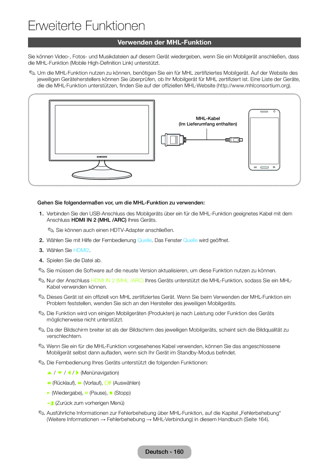 Samsung LT27B550EWV/EN, LT27B551EWV/EN, LT27B550EW/EN, LT23B550EW/EN manual Verwenden der MHL-Funktion 