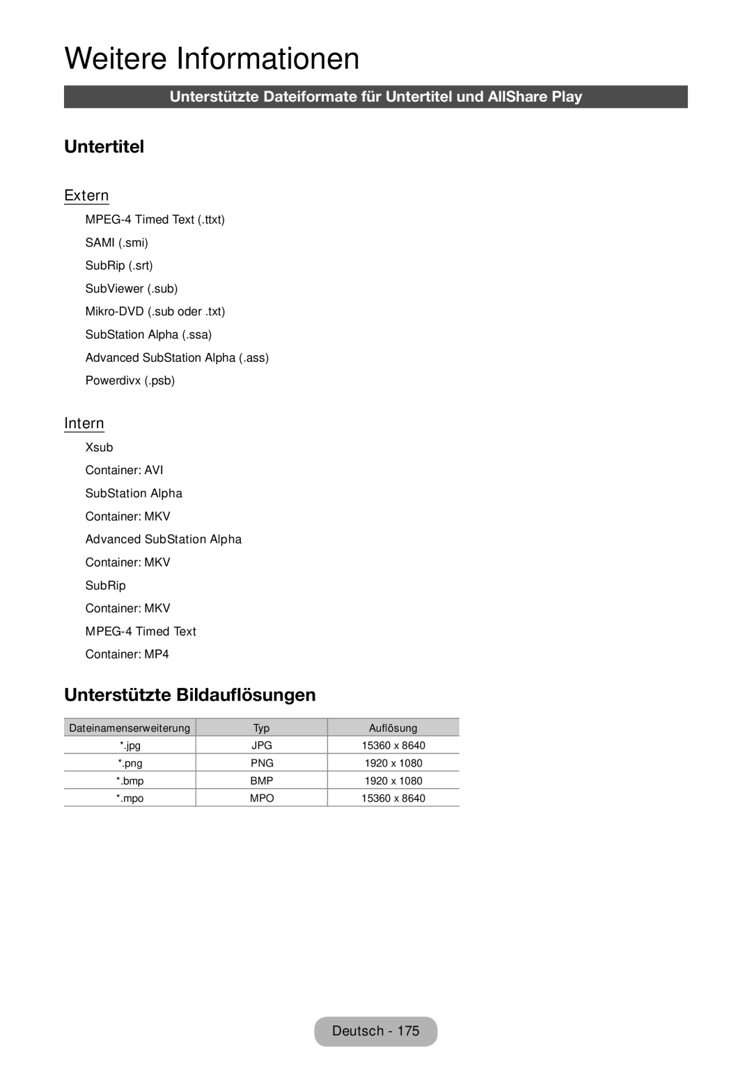 Samsung LT23B550EW/EN, LT27B550EWV/EN manual Unterstützte Dateiformate für Untertitel und AllShare Play, Extern, Intern 