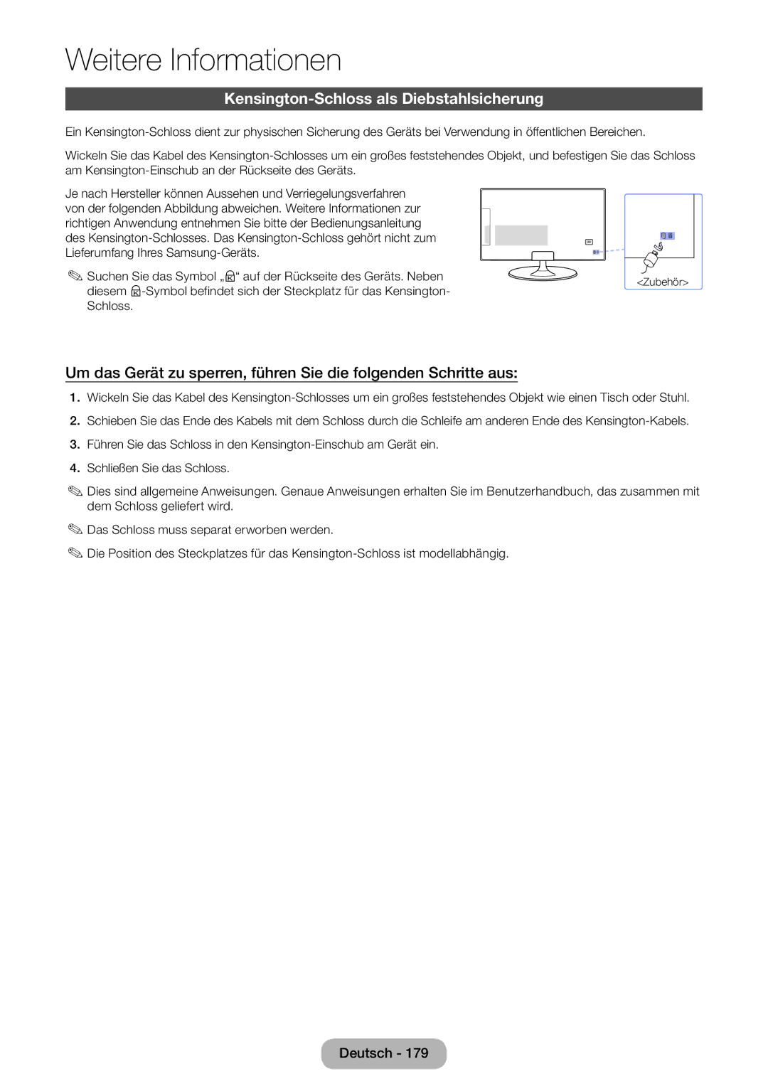 Samsung LT23B550EW/EN, LT27B550EWV/EN, LT27B551EWV/EN, LT27B550EW/EN manual Kensington-Schloss als Diebstahlsicherung 