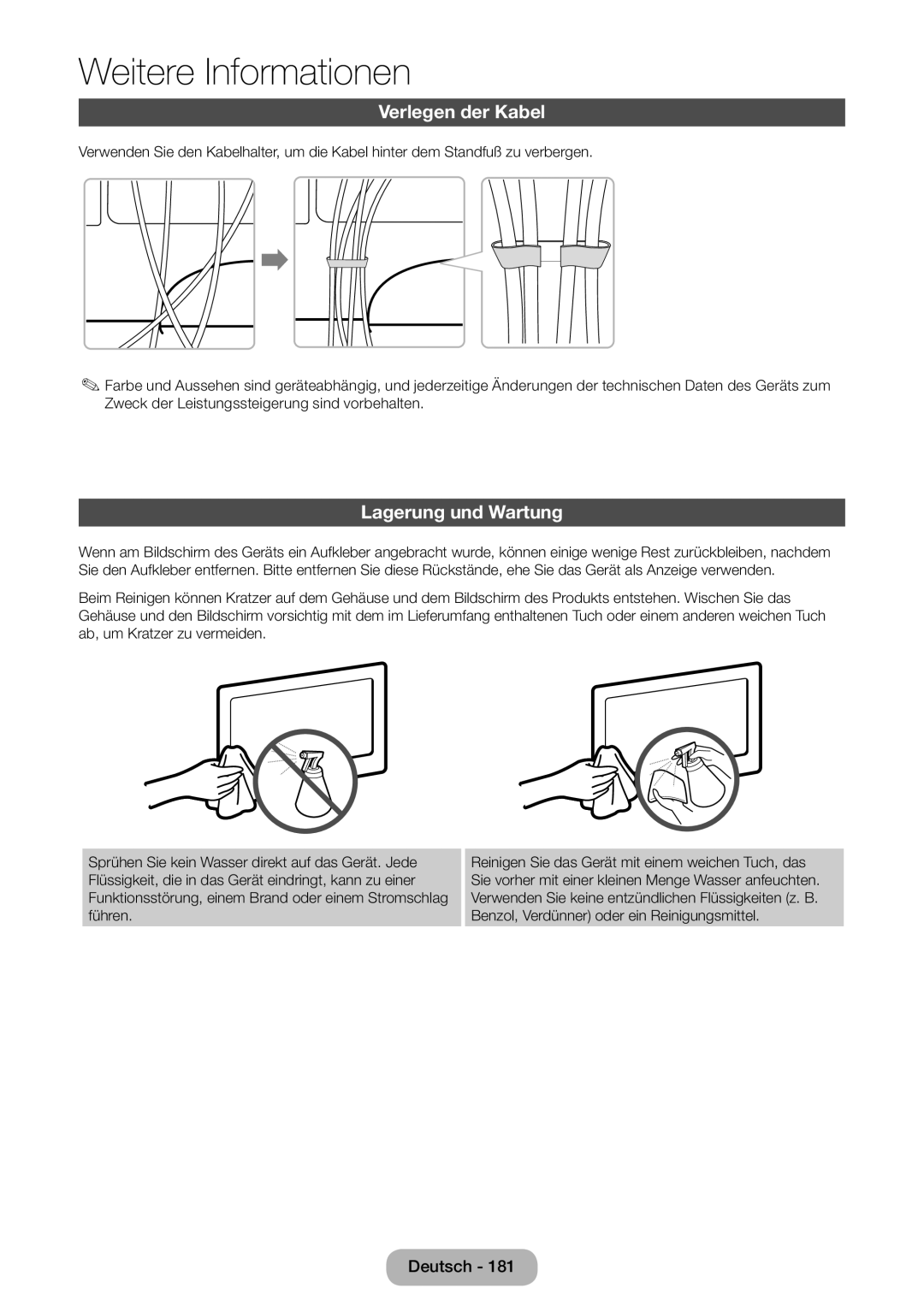 Samsung LT27B551EWV/EN, LT27B550EWV/EN, LT27B550EW/EN, LT23B550EW/EN manual Verlegen der Kabel, Lagerung und Wartung 