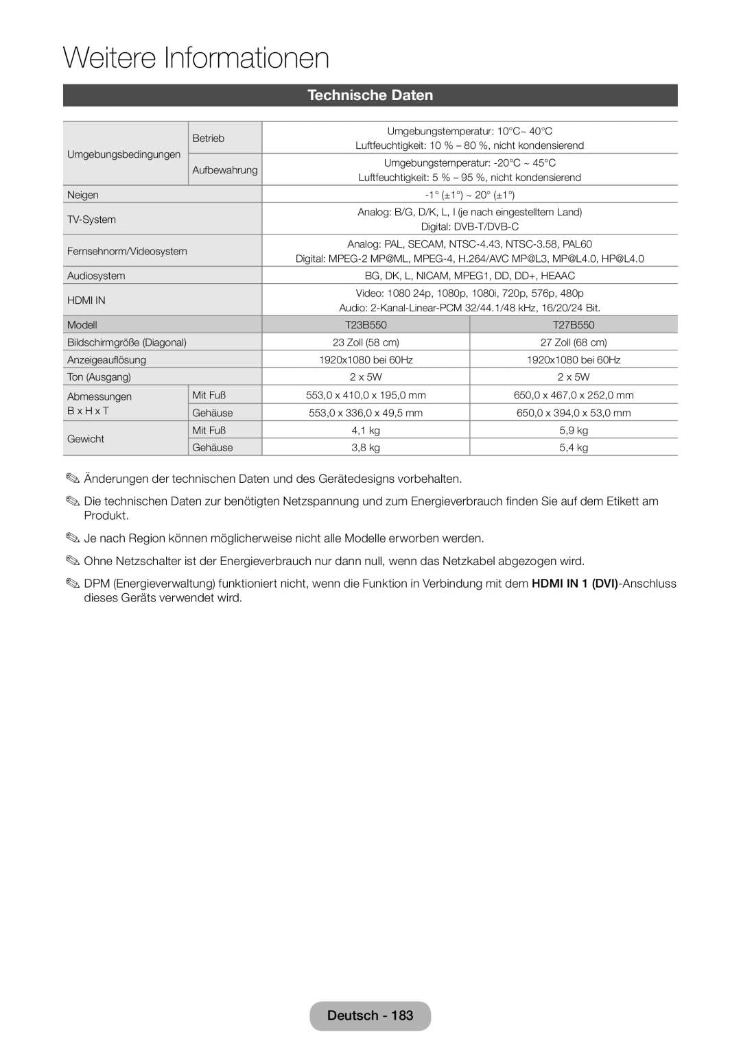 Samsung LT23B550EW/EN, LT27B550EWV/EN, LT27B551EWV/EN, LT27B550EW/EN manual Technische Daten, TV-System 