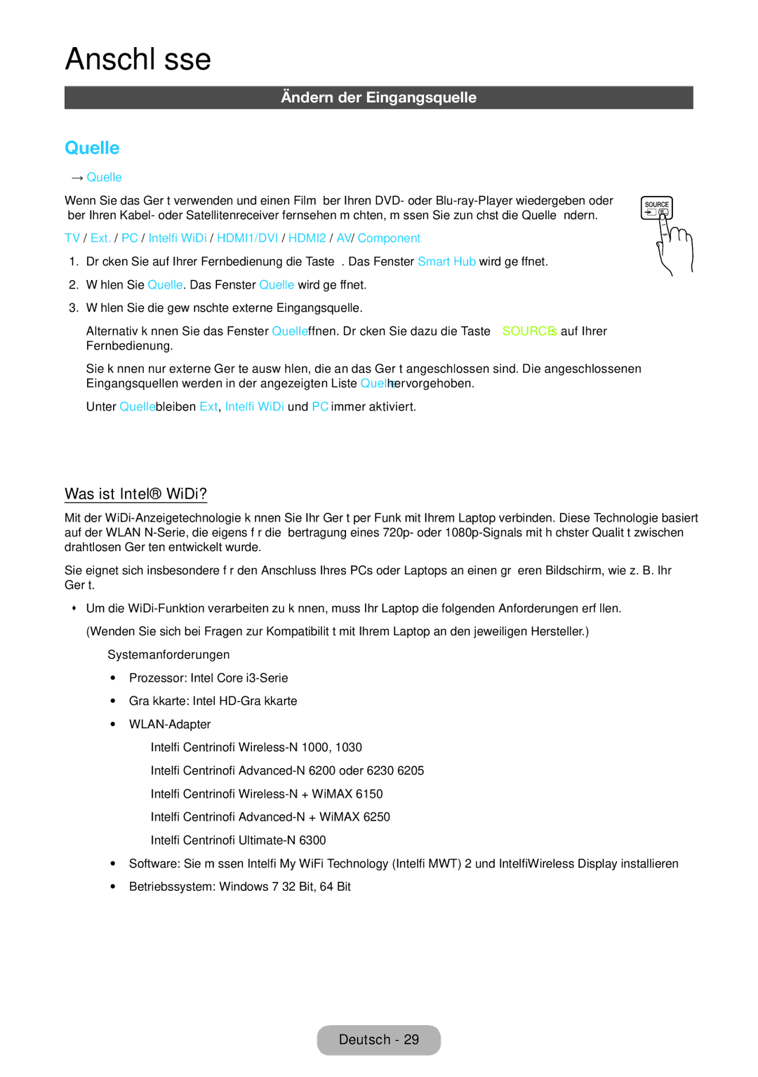 Samsung LT27B551EWV/EN, LT27B550EWV/EN, LT27B550EW/EN manual Ändern der Eingangsquelle, Was ist Intel WiDi?, → Quelle 