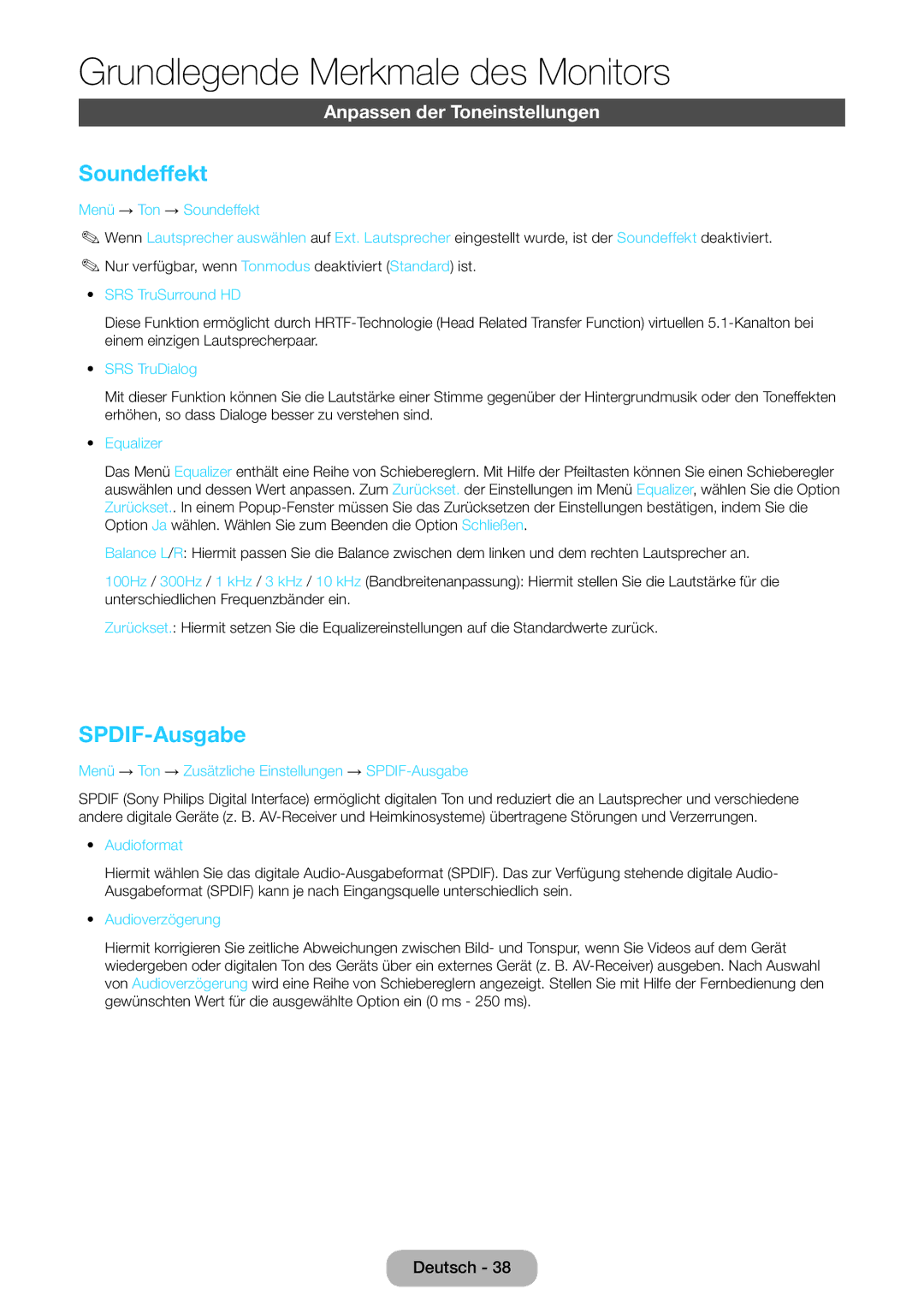 Samsung LT27B550EW/EN, LT27B550EWV/EN, LT27B551EWV/EN manual Soundeffekt, SPDIF-Ausgabe, Anpassen der Toneinstellungen 