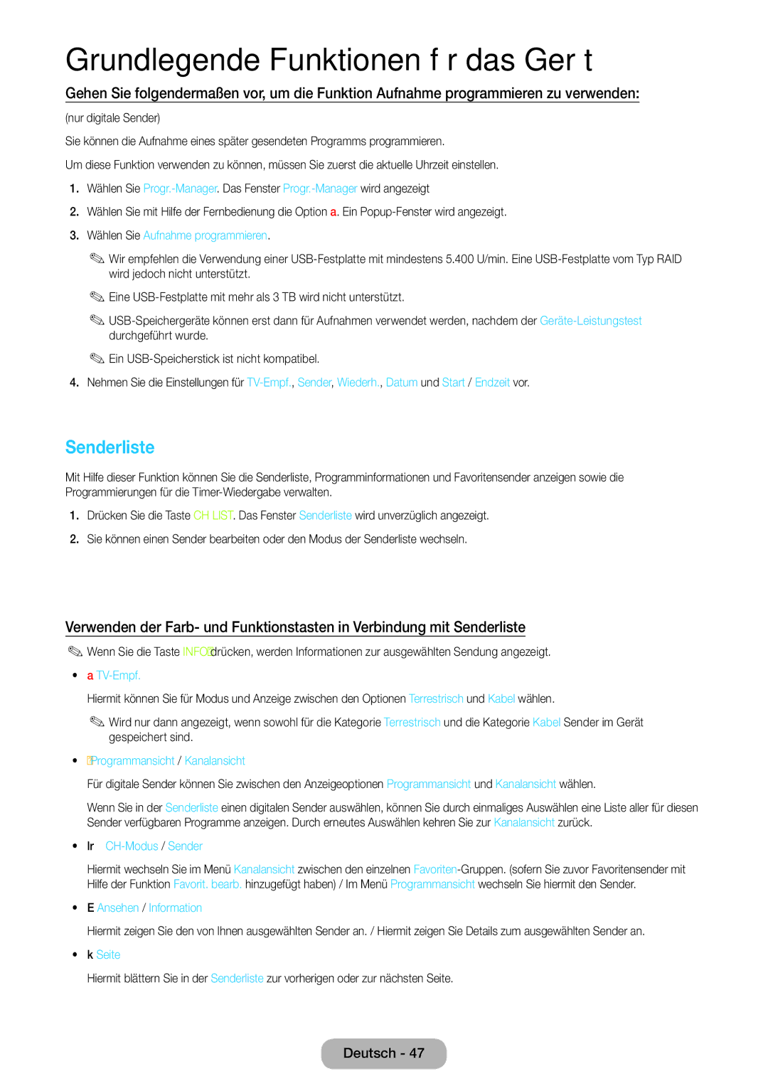 Samsung LT23B550EW/EN Senderliste, Wählen Sie Aufnahme programmieren, Programmansicht / Kanalansicht, Lr CH-Modus /Sender 