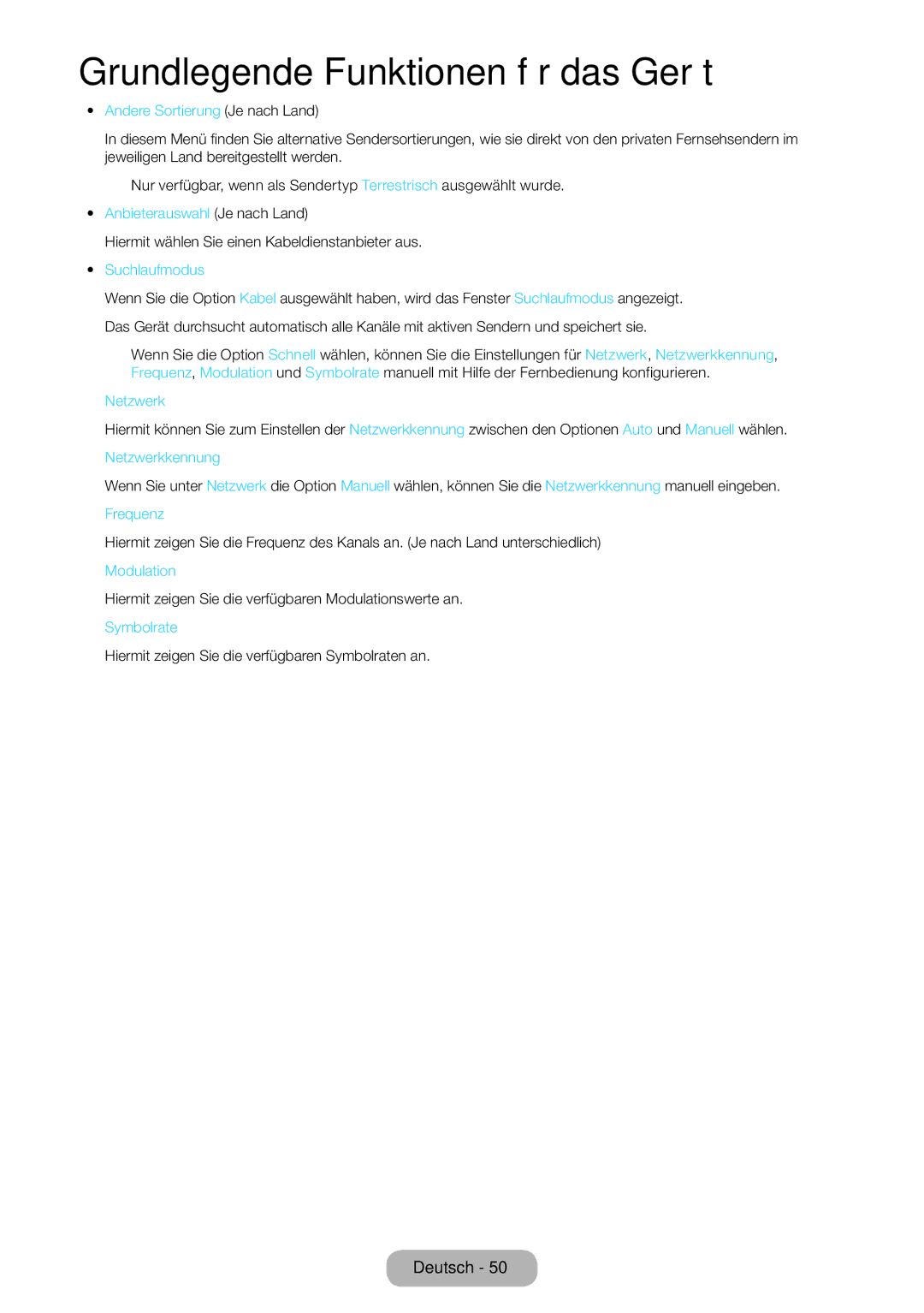 Samsung LT27B550EW/EN, LT27B550EWV/EN, LT27B551EWV/EN, LT23B550EW/EN Andere Sortierung Je nach Land, Suchlaufmodus, Netzwerk 