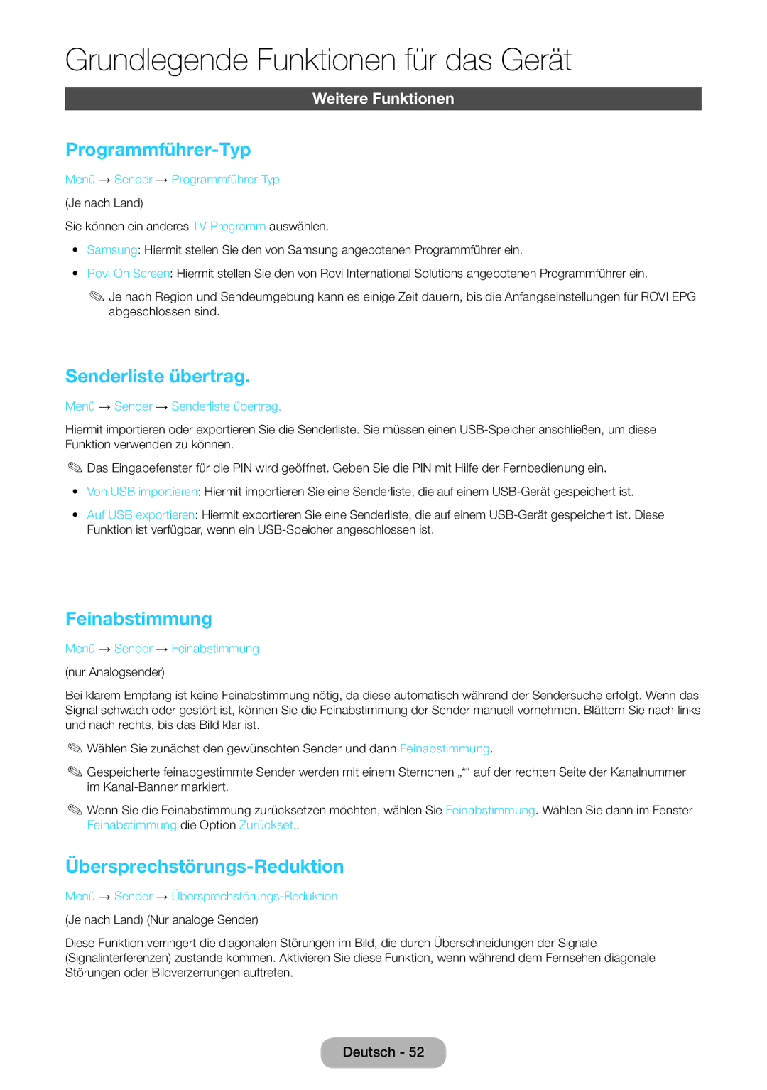 Samsung LT27B550EWV/EN manual Programmführer-Typ, Senderliste übertrag, Feinabstimmung, Übersprechstörungs-Reduktion 