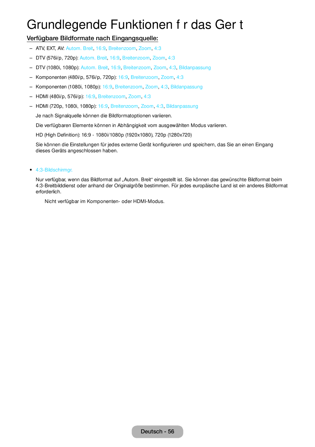 Samsung LT27B550EWV/EN, LT27B551EWV/EN, LT27B550EW/EN manual Verfügbare Bildformate nach Eingangsquelle, Bildschirmgr 