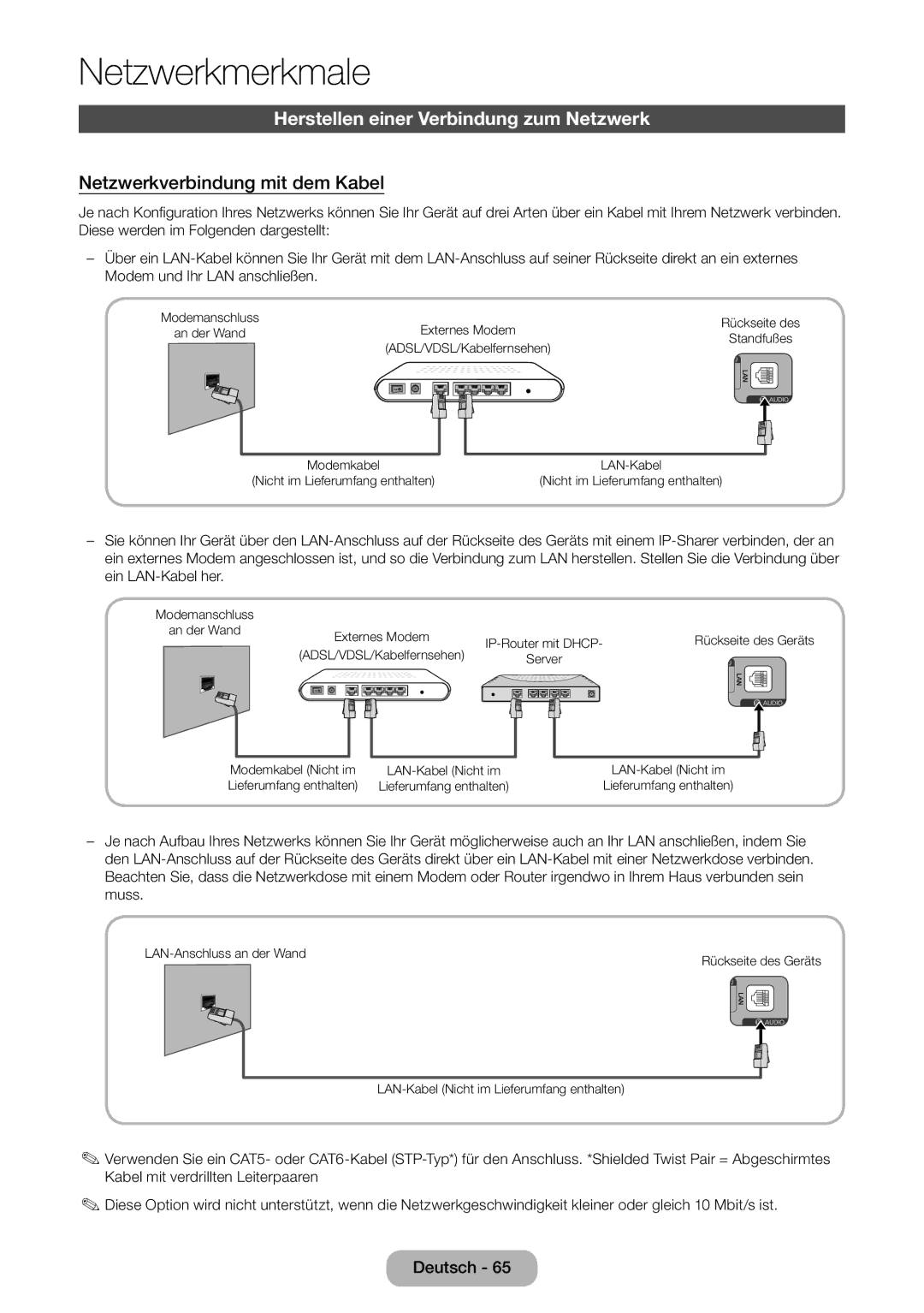 Samsung LT27B551EWV/EN, LT27B550EWV/EN manual Herstellen einer Verbindung zum Netzwerk, Netzwerkverbindung mit dem Kabel 