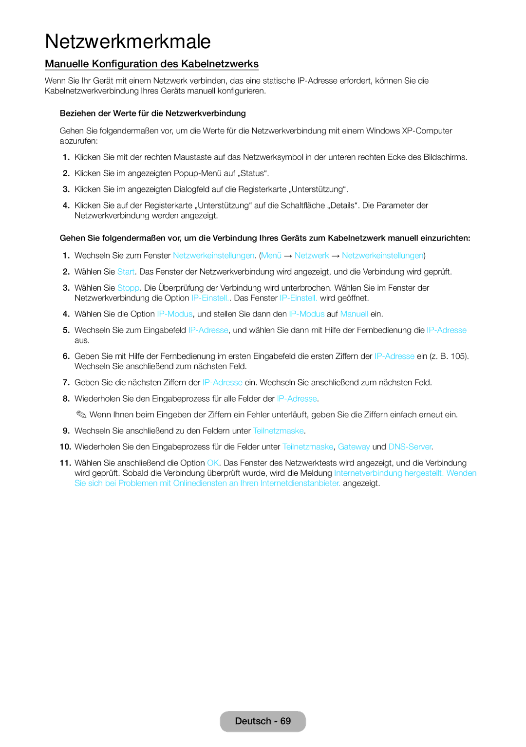 Samsung LT27B551EWV/EN, LT27B550EWV/EN, LT27B550EW/EN, LT23B550EW/EN manual Manuelle Konfiguration des Kabelnetzwerks 