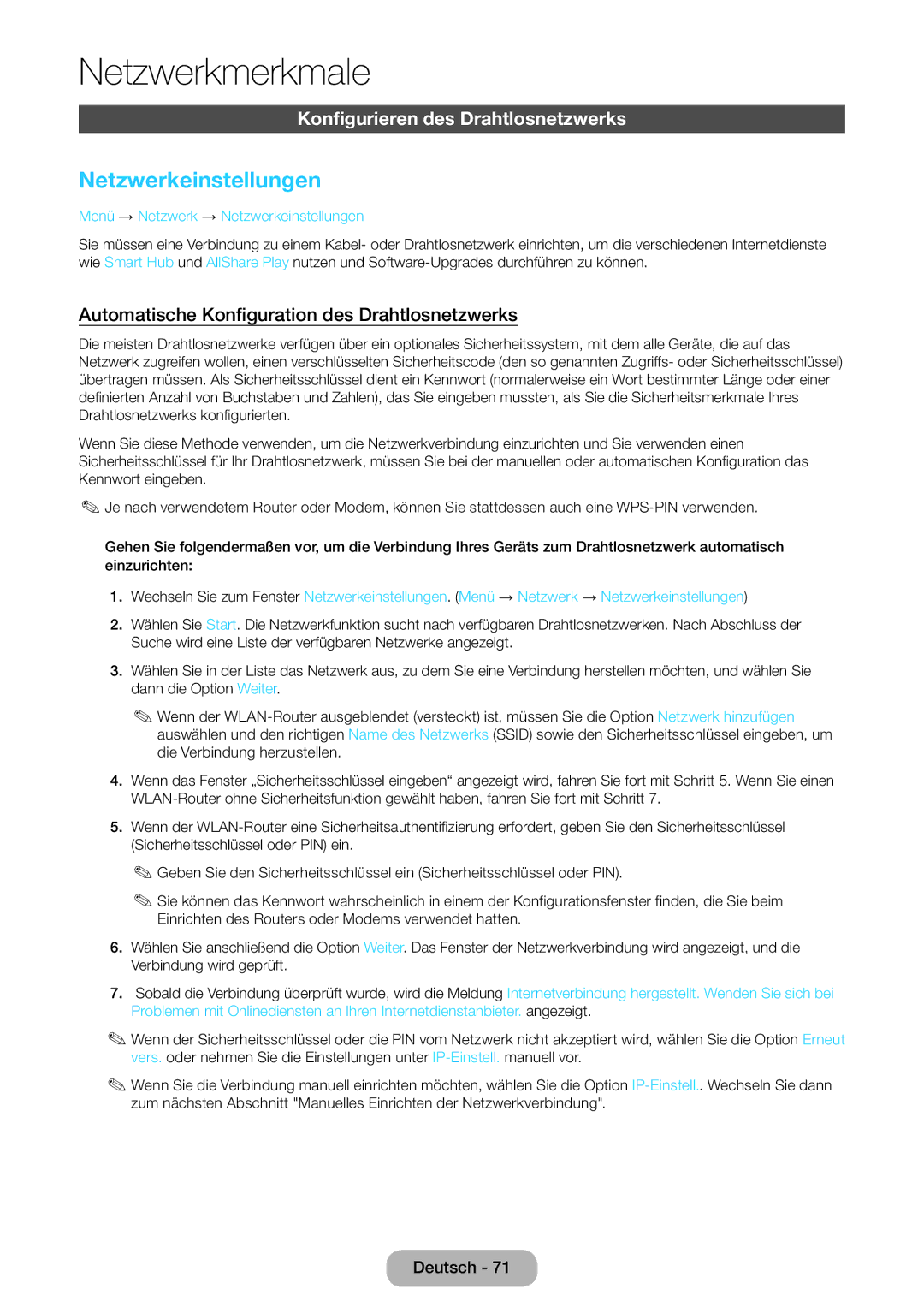 Samsung LT23B550EW/EN, LT27B550EW/EN Konfigurieren des Drahtlosnetzwerks, Automatische Konfiguration des Drahtlosnetzwerks 