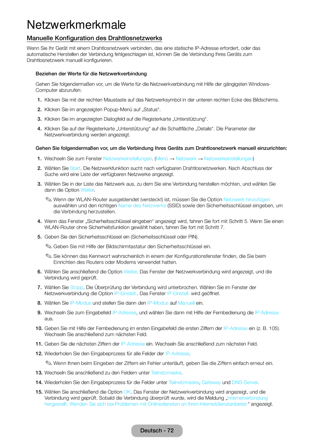 Samsung LT27B550EWV/EN, LT27B551EWV/EN, LT27B550EW/EN, LT23B550EW/EN manual Manuelle Konfiguration des Drahtlosnetzwerks 