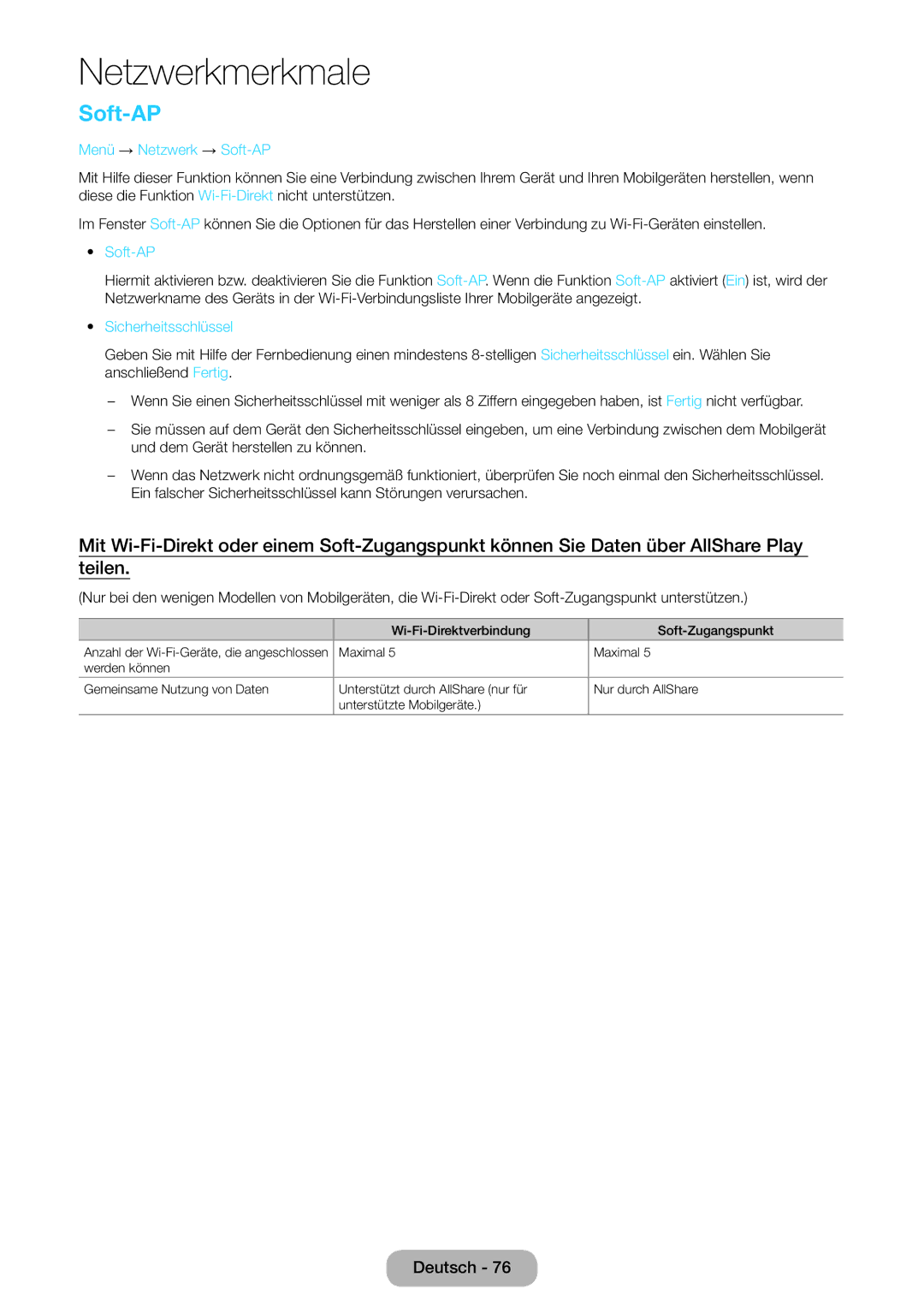 Samsung LT27B550EWV/EN, LT27B551EWV/EN, LT27B550EW/EN, LT23B550EW/EN Menü → Netzwerk → Soft-AP, Sicherheitsschlüssel 