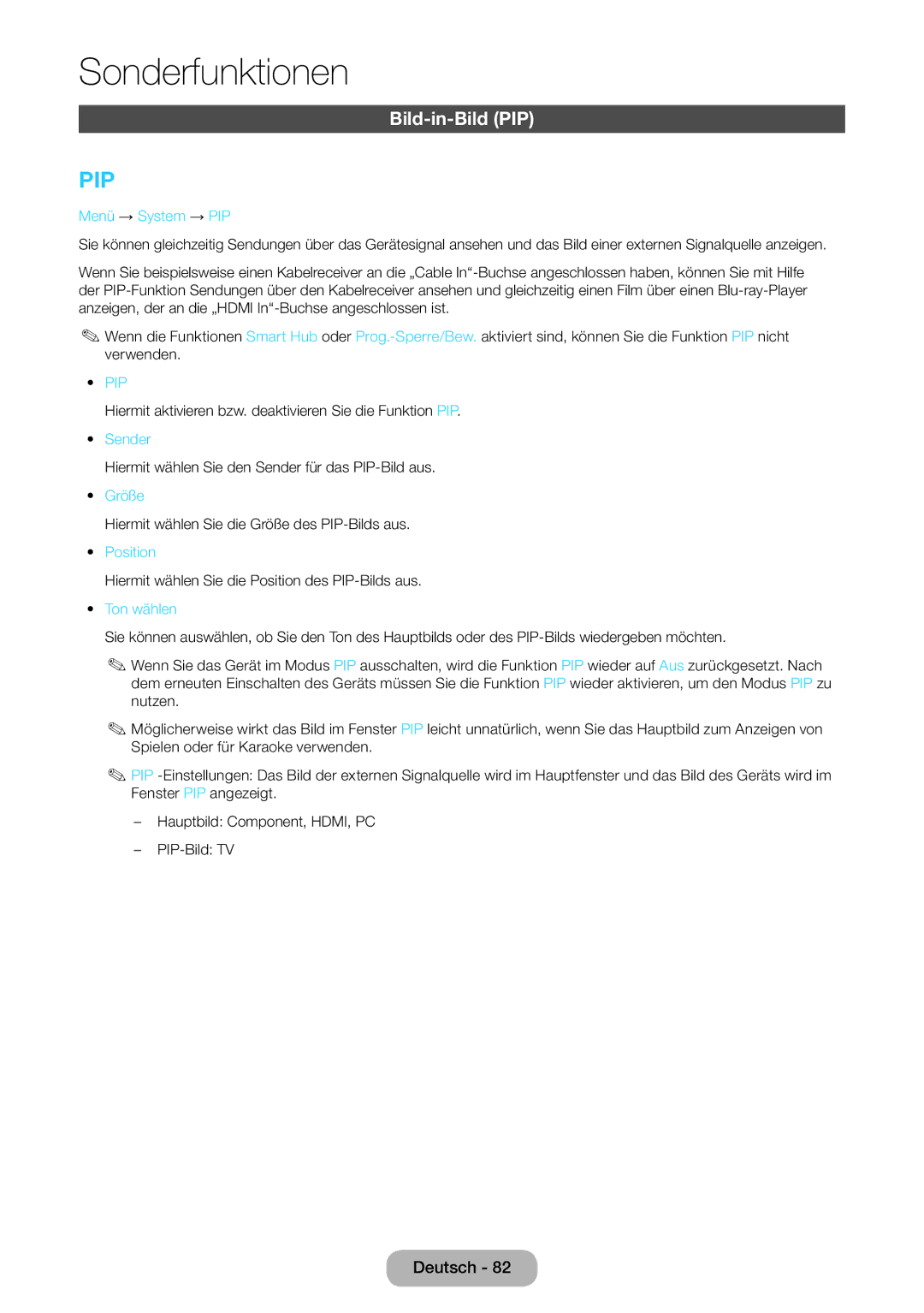 Samsung LT27B550EW/EN, LT27B550EWV/EN, LT27B551EWV/EN Bild-in-Bild PIP, Menü → System → PIP, Größe, Position, Ton wählen 