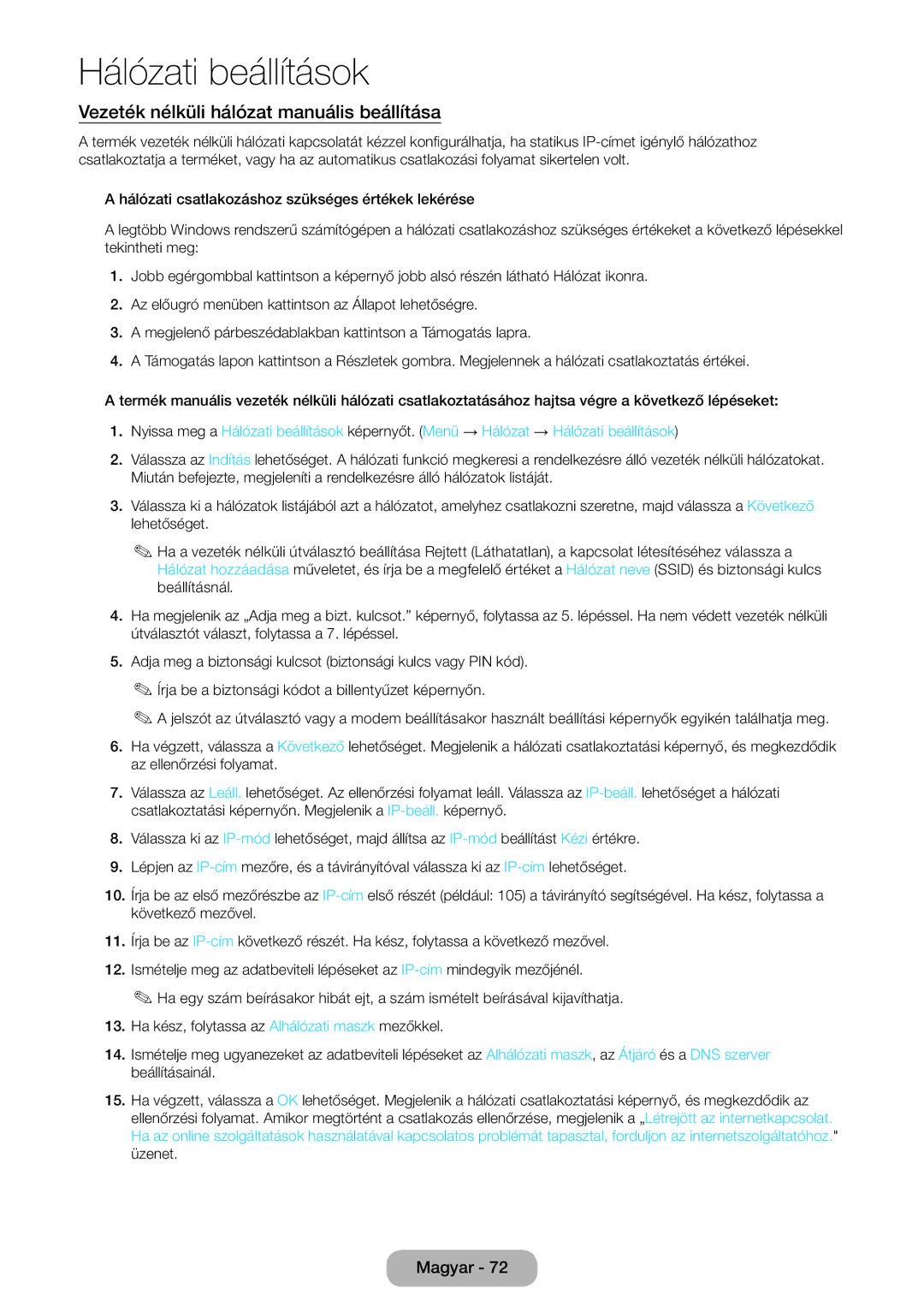 Samsung LT27B551EW/EN, LT23B551EW/EN manual Vezeték nélküli hálózat manuális beállítása 