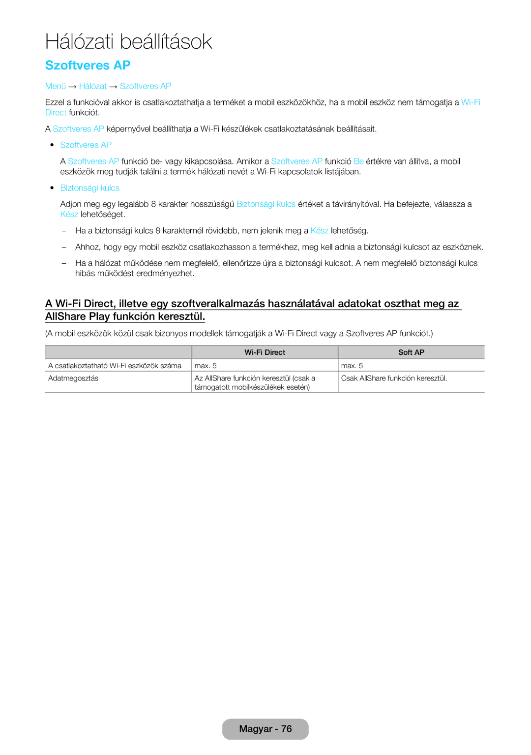 Samsung LT27B551EW/EN, LT23B551EW/EN manual Menü → Hálózat → Szoftveres AP, Biztonsági kulcs 