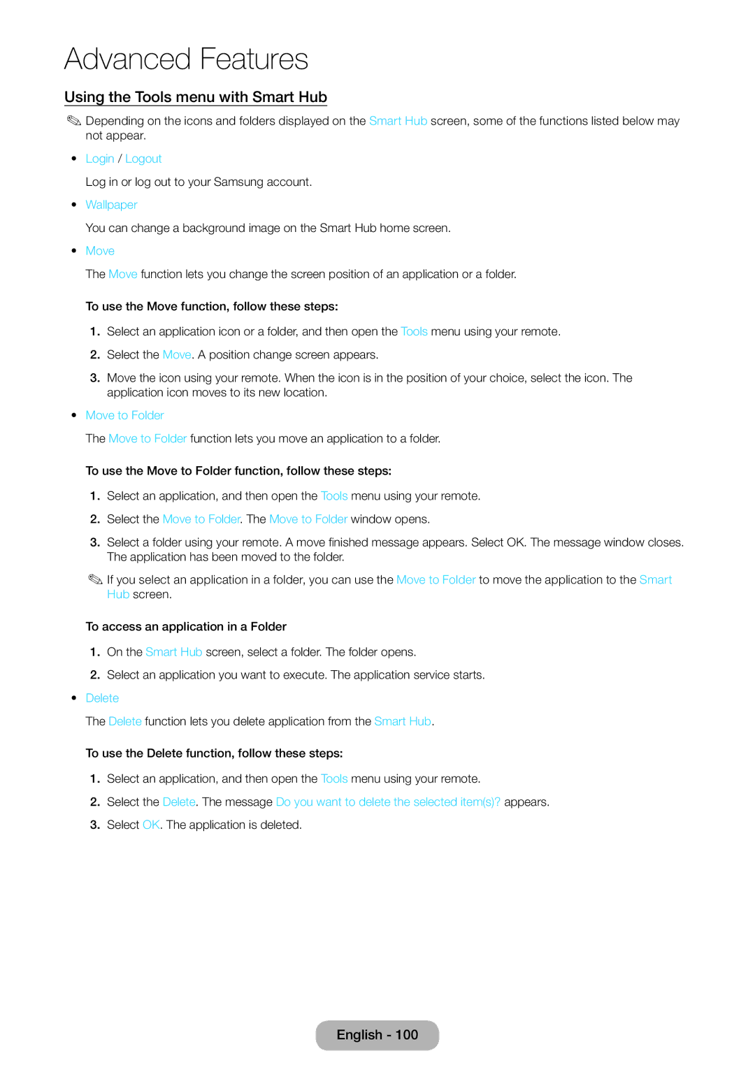 Samsung LT27B551EW/EN Using the Tools menu with Smart Hub, Log in or log out to your Samsung account, Move to Folder 
