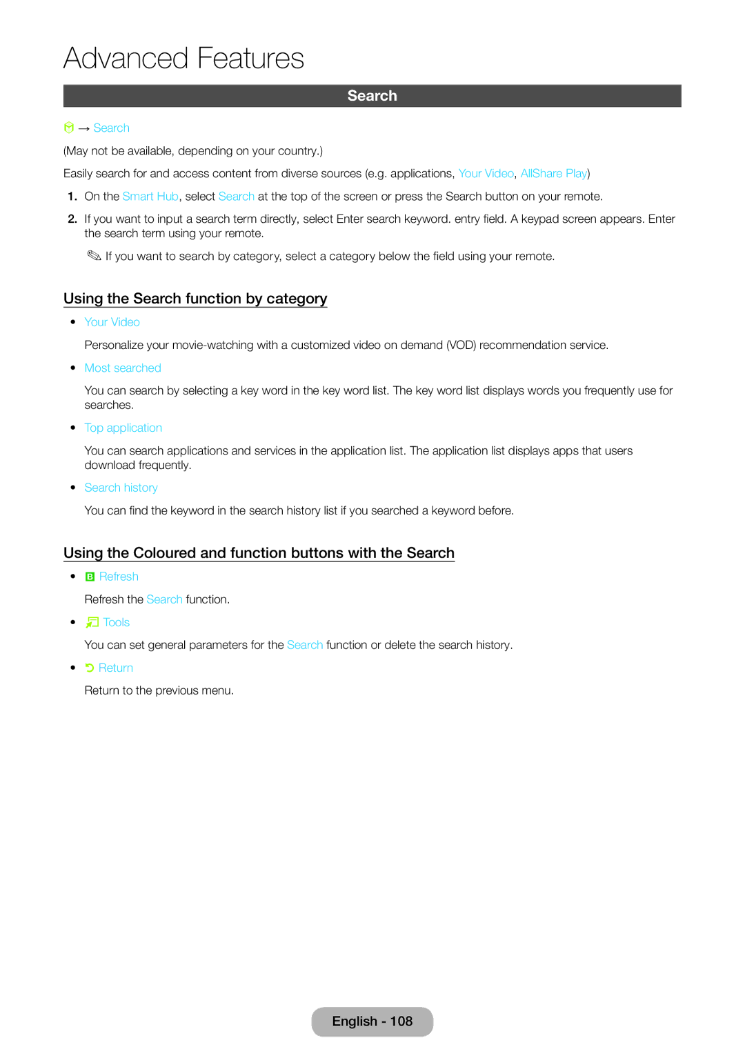 Samsung LT27B551EW/EN Using the Search function by category, Using the Coloured and function buttons with the Search 