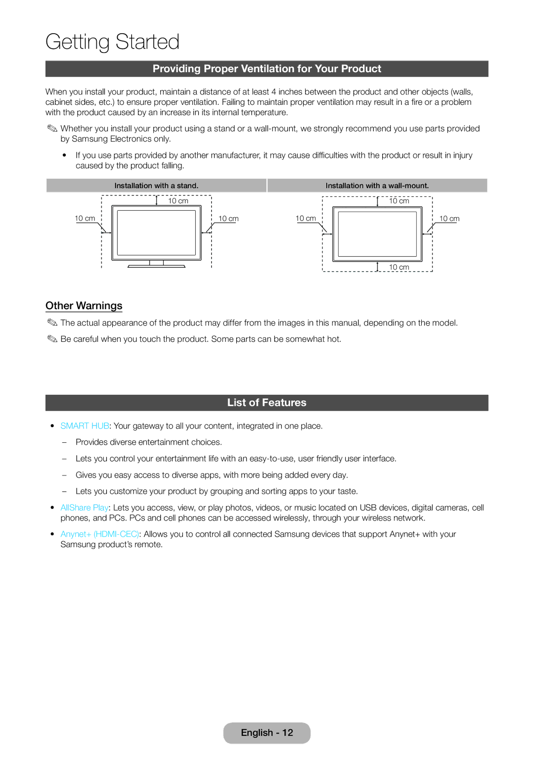 Samsung LT27B551EW/EN, LT23B551EW/EN manual Providing Proper Ventilation for Your Product, Other Warnings, List of Features 