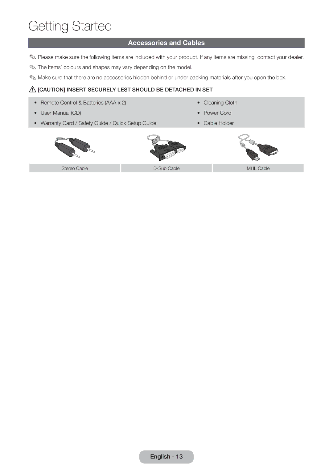 Samsung LT23B551EW/EN, LT27B551EW/EN manual Accessories and Cables 