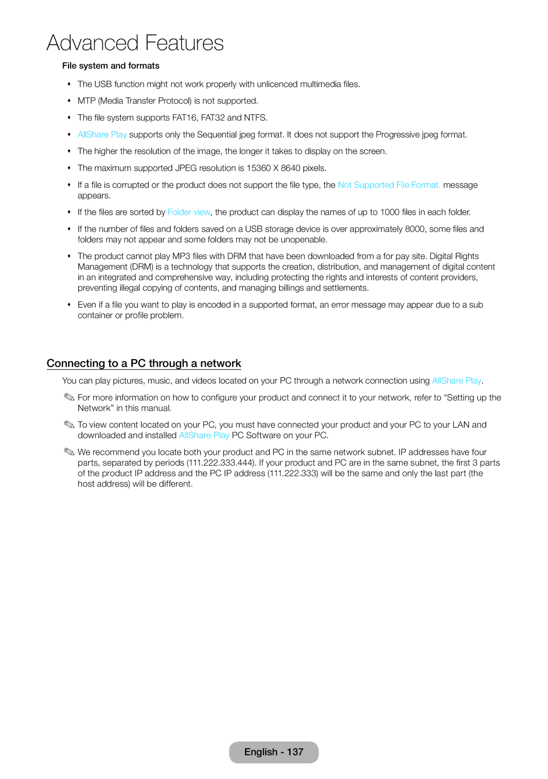 Samsung LT23B551EW/EN, LT27B551EW/EN manual Connecting to a PC through a network 