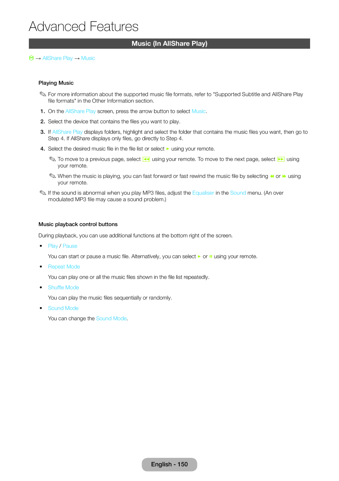 Samsung LT27B551EW/EN, LT23B551EW/EN manual Music In AllShare Play, → AllShare Play → Music, Play / Pause, Shuffle Mode 