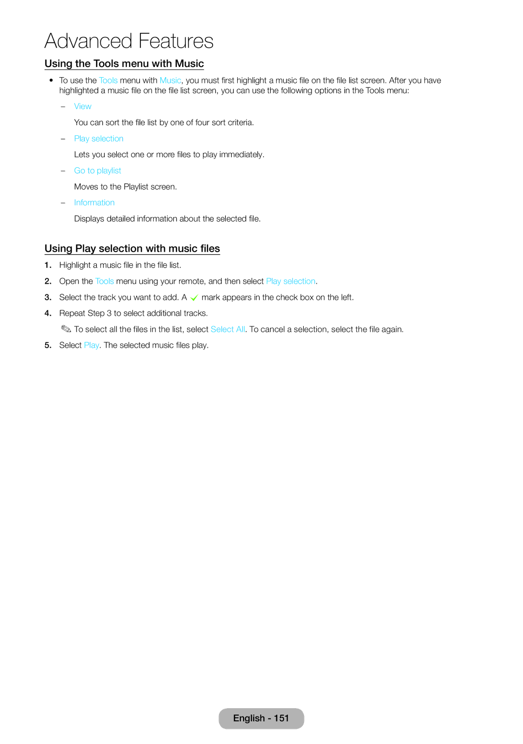 Samsung LT23B551EW/EN, LT27B551EW/EN manual Using the Tools menu with Music, Using Play selection with music files 