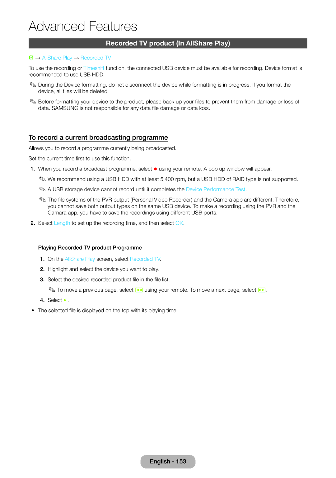 Samsung LT23B551EW/EN, LT27B551EW/EN manual Recorded TV product In AllShare Play, To record a current broadcasting programme 