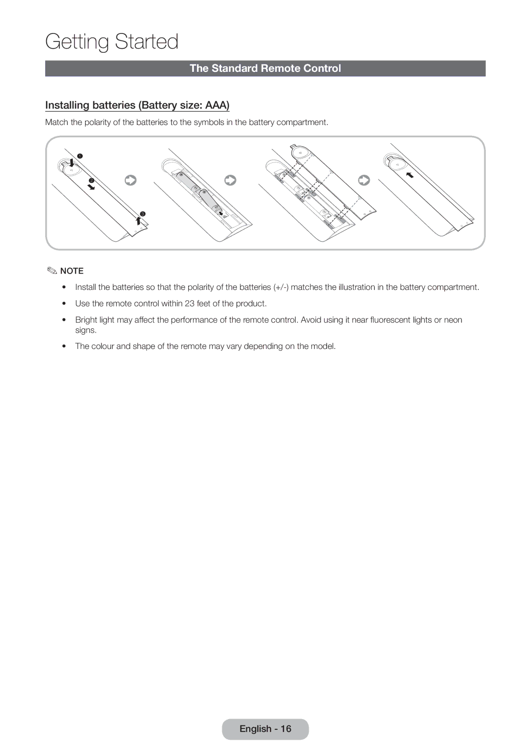 Samsung LT27B551EW/EN, LT23B551EW/EN manual Standard Remote Control, Installing batteries Battery size AAA 