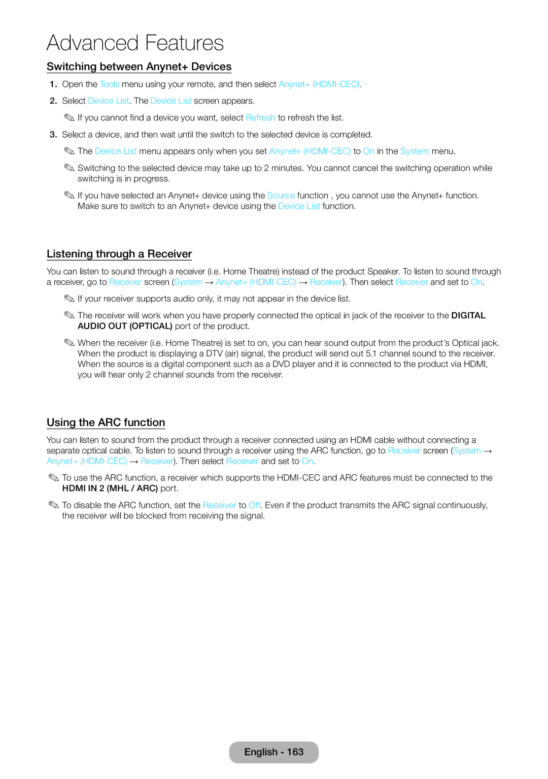 Samsung LT23B551EW/EN manual Switching between Anynet+ Devices, Listening through a Receiver, Using the ARC function 